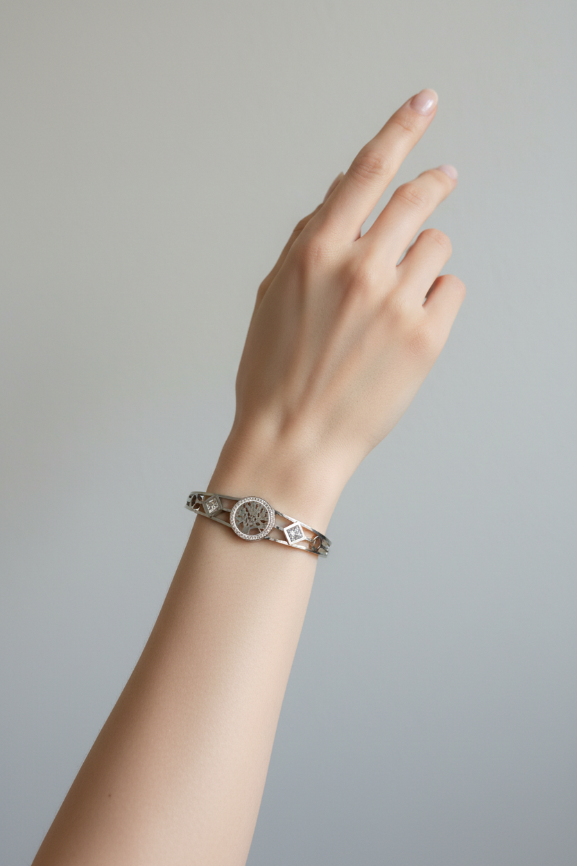 Silver Tree of Life Crystal Bangle Bracelet