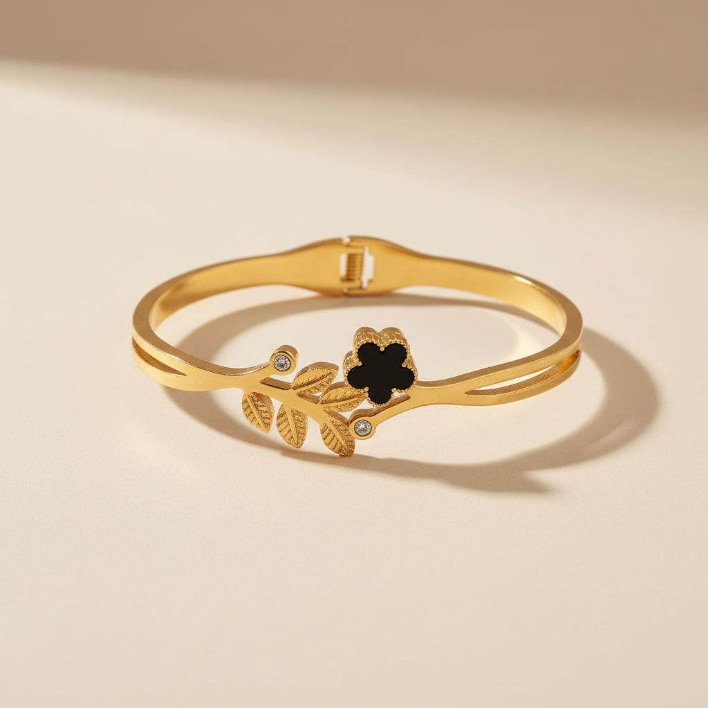 Gold Clover Leaf Crystal Bangle Bracelet