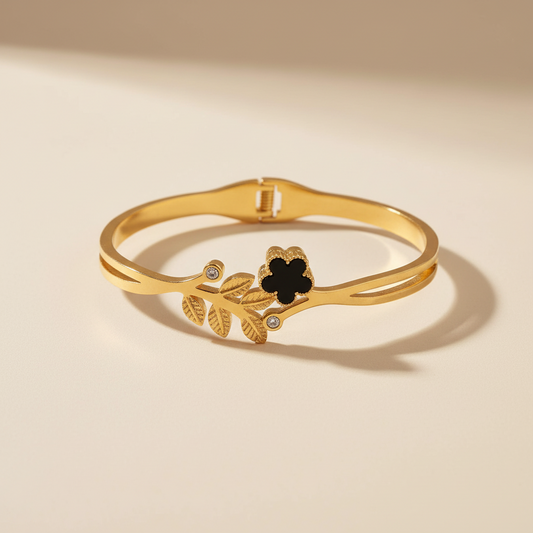 Gold Clover Leaf Crystal Bangle Bracelet