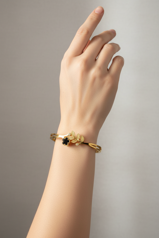 Gold Floral Bracelet with Black Accent