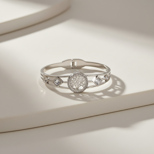 Silver Tree of Life Crystal Bangle Bracelet