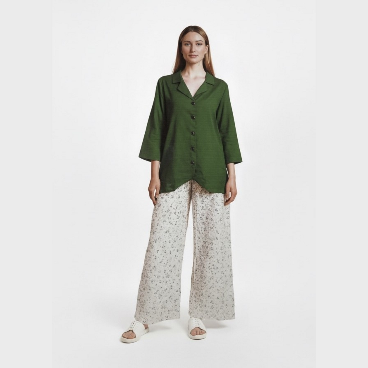 Green Button-Down Oversized Shirt with Floral Wide-Leg Pants Set