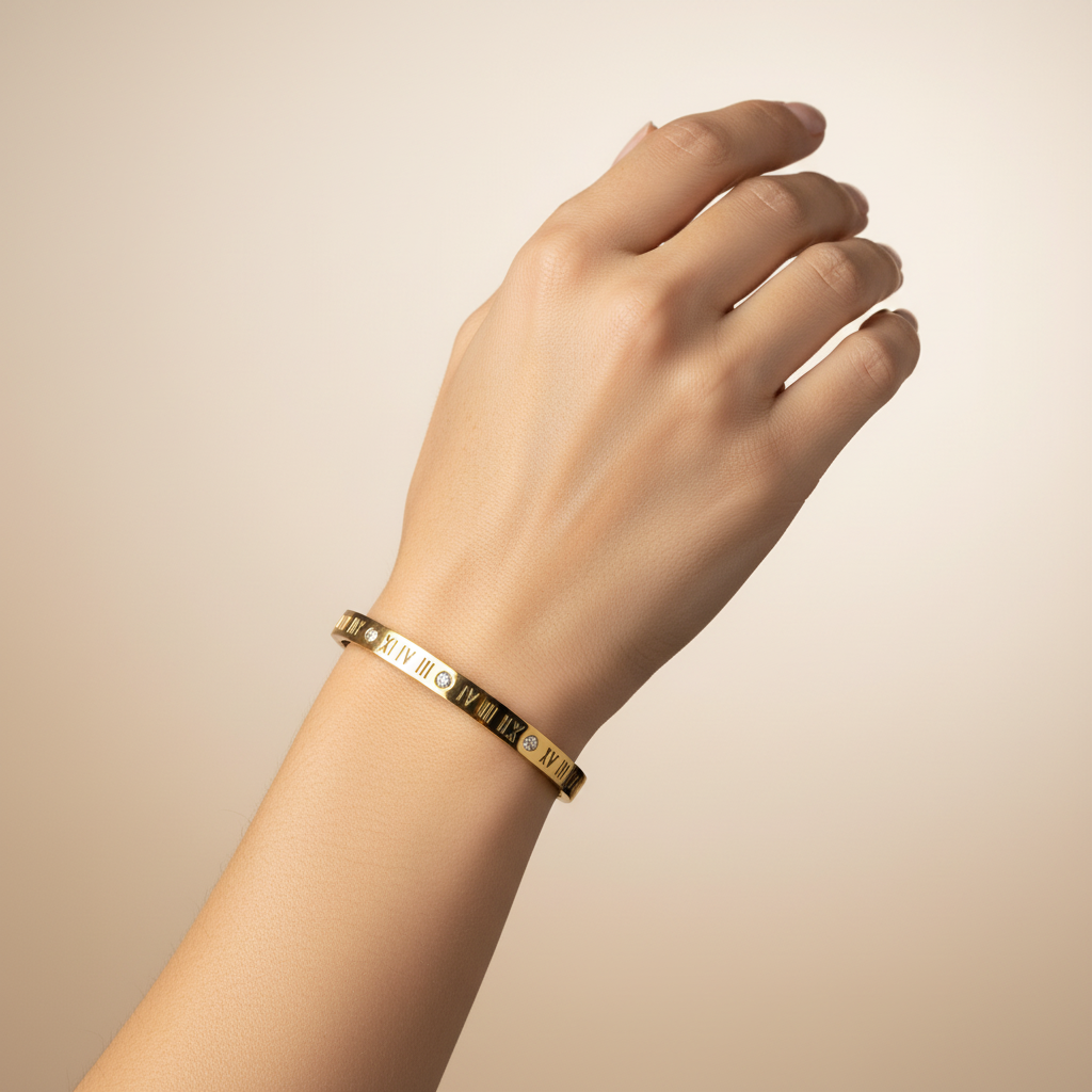 Gold Roman Numeral Crystal Bangle Bracelet