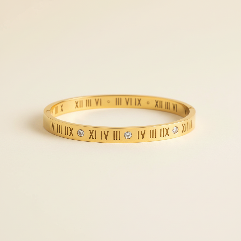 Gold Roman Numeral Crystal Bangle Bracelet