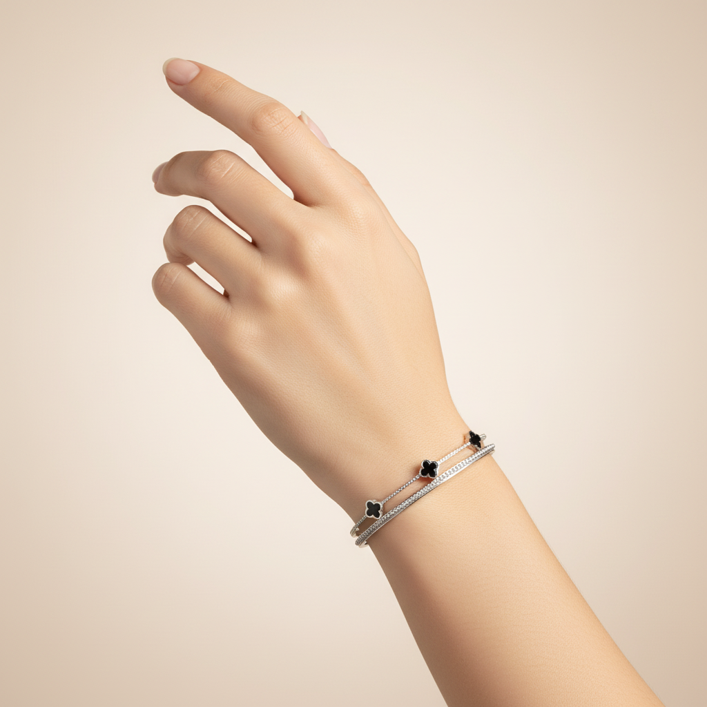 Silver Clover Crystal Bangle Bracelet