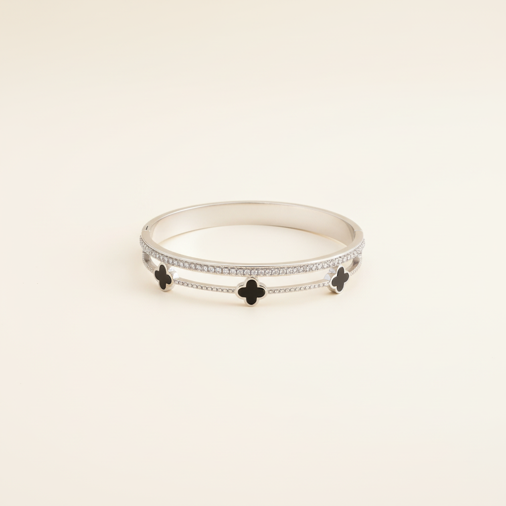 Silver Clover Crystal Bangle Bracelet